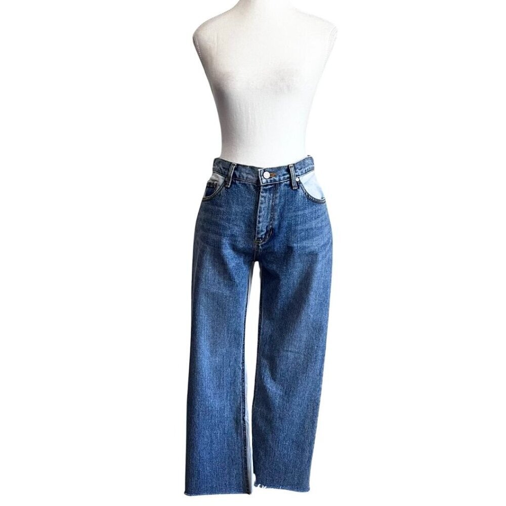 ANDERSSON BELL HIGH RISE PATCHWORK DENIM FLARED RAW HEM CROPPED JEANS - M - Picture 2 of 13